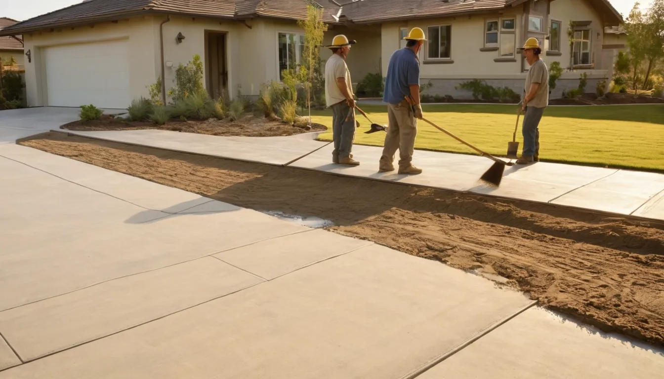 Freshly poured concrete driveway beside a stucco ranch home in San Jose with a smooth broom finish