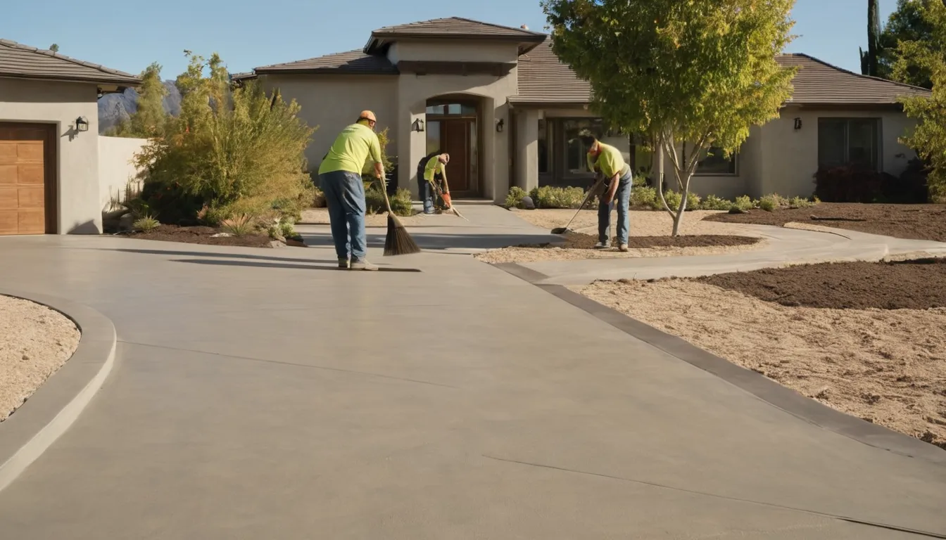 A freshly poured concrete driveway in front of a stucco ranch home in San Jose