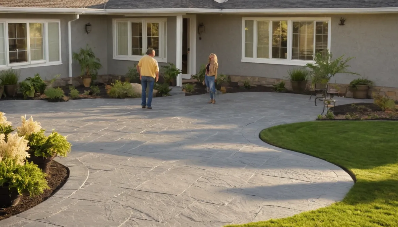 Homeowners looking at a freshly stamped slate-pattern concrete patio behind a stucco home near San Jose